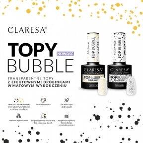 Claresa gelinis viršutinis nagų lako sluoksnis su blizgučiais, Top Bubble gold Matt No wipe 5g