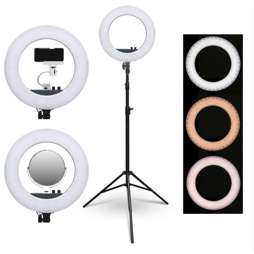 LED Ring lamp with mirror and phone holder