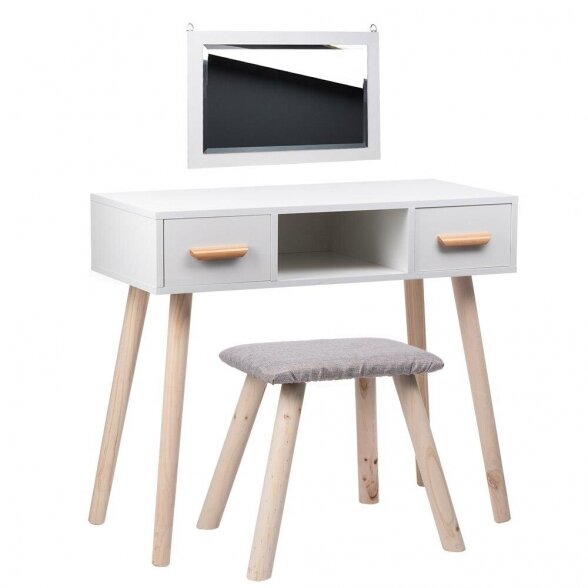 Dressing table white ALVA mirror 2 drawers + stool